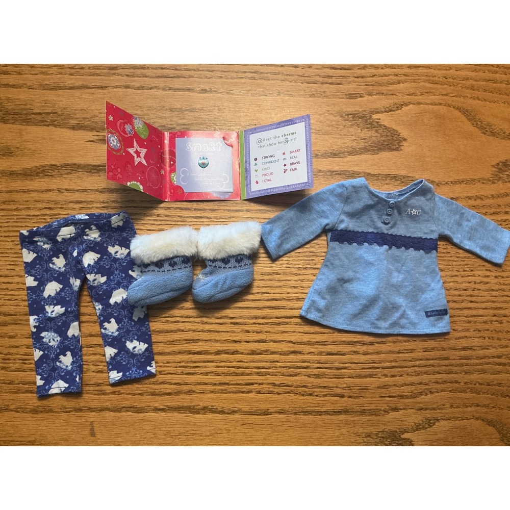 American Girl Doll Winter Polar Bear Outfit Blue Tunic Leggings Boots Charm Set